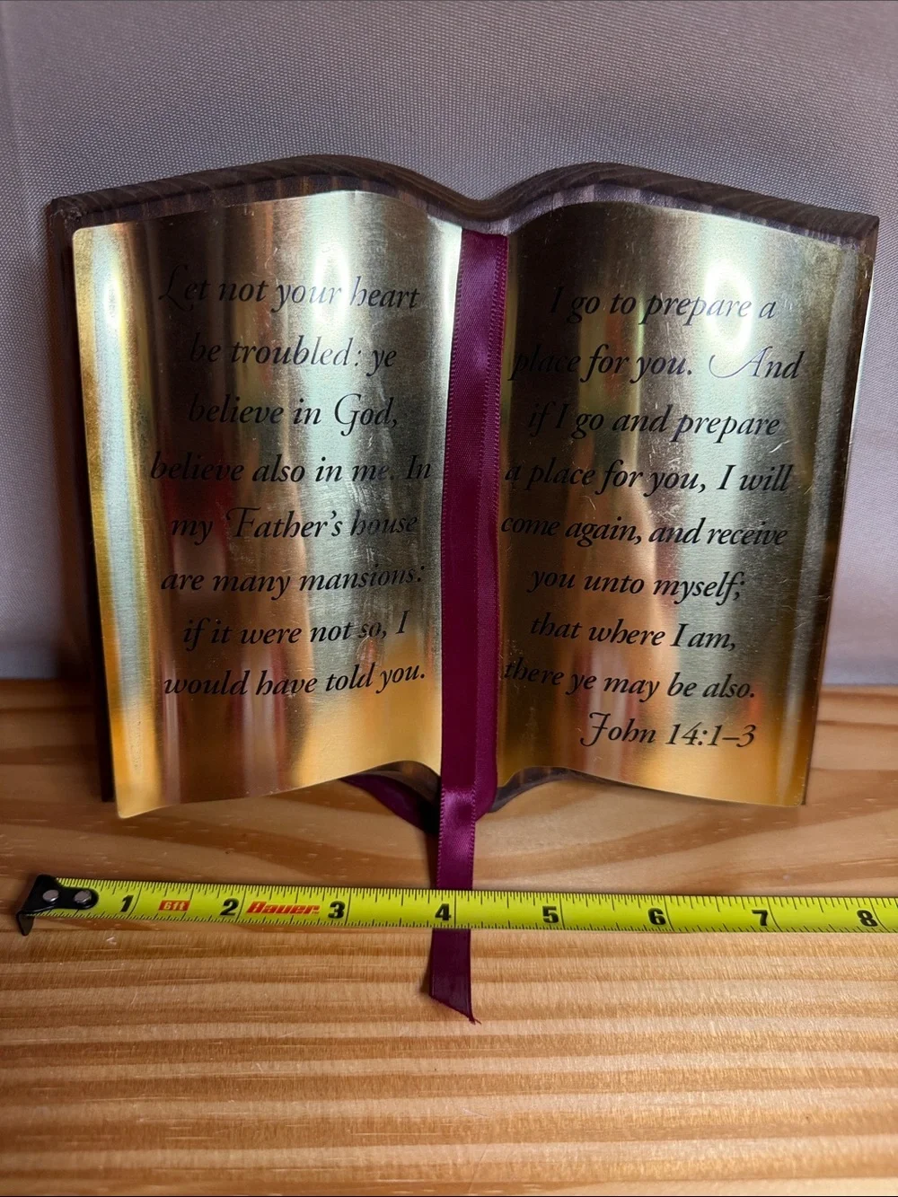 Vintage Brass Open Book Bible Verse Plaque Wood John 14:1-3